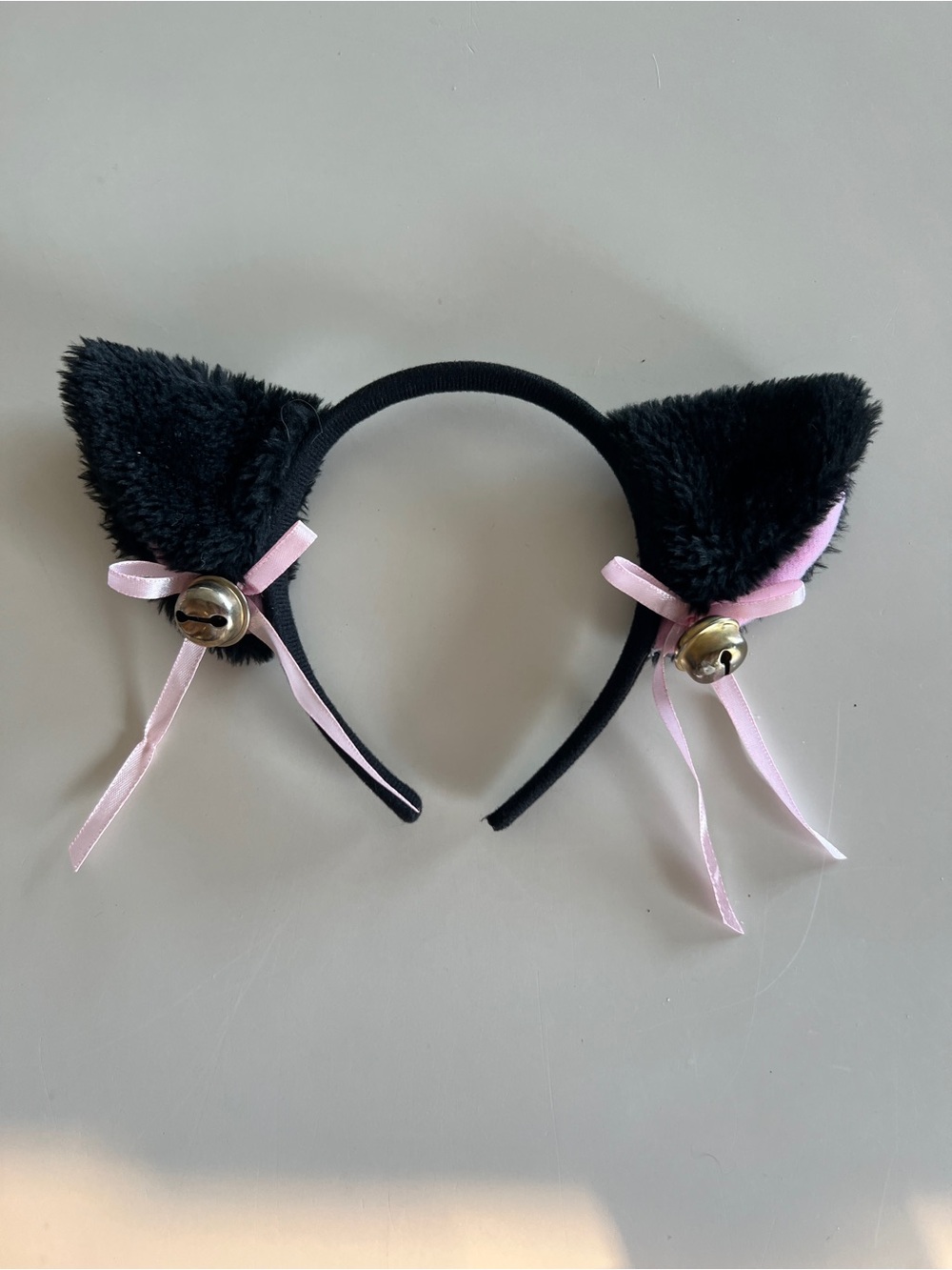 Black Faux Fur Cat Ear Headband with Pink Ribbon and Bells